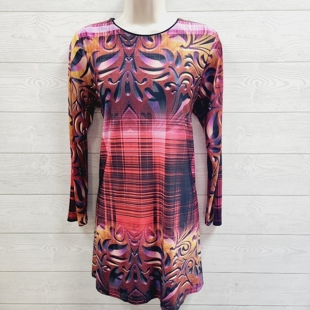 Analili Womens Small Long Sleeve Mini Dress Pink Orange Plaid Abstract Print USA